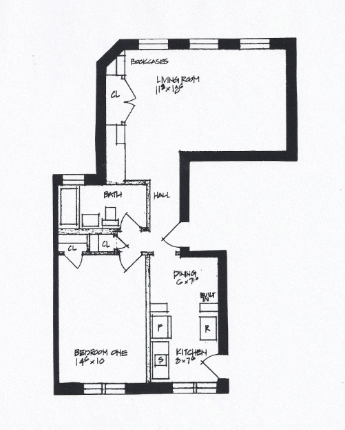 Floor plan for studio, 1 bath, 635 sqft
